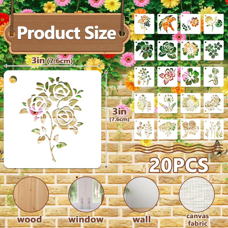 Resflyar 20 PCS 3 Inch Flower Stencils, Large Flower Plant Reusable Plastic Templates for Painting on Wood, Sunflower Rose Stencils Set for Rock Wood Canvas Drawing Art Fabric Tile Home DIY Craft Decoration - Image 2